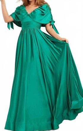 Jovani Cap Sleeve A-Line Evening Dress In Emerald