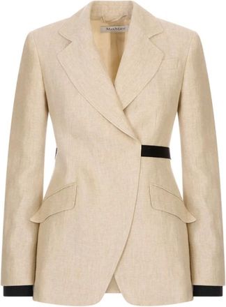 Max Mara Jassen, Dames, Bruin, L, Linnen, Dubbelrijige Blazer van Linnen Boor