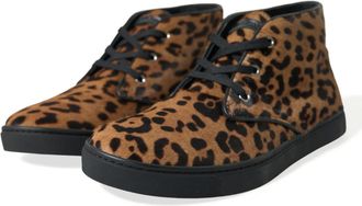 Dolce & Gabbana Mens Brown Leopard Pony Hair Leather Sneakers Shoes
