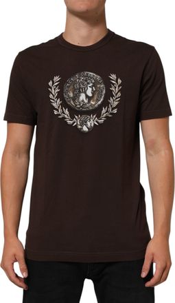 Dolce & Gabbana Brown Coin Laurel Print Men Crew Neck Mens T-shirt (Pre-Owned)