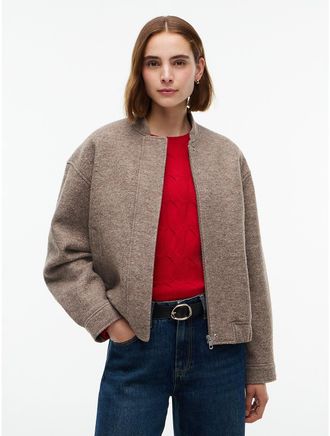 Tommy Hilfiger Womens Heathered Wool-Blend Bomber Jacket - Taupe Melange - L