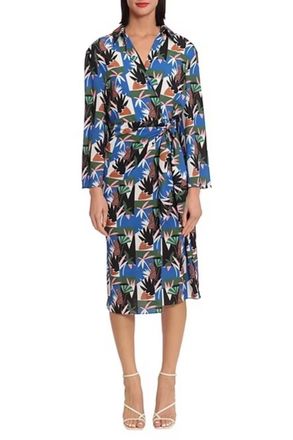 Donna Morgan Long Sleeve Wrap Dress In Jungle Blue
