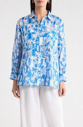 Sugarlips Nala Regie Print Cotton Button-Up Shirt in White-Blue at Nordstrom, Size X-Small