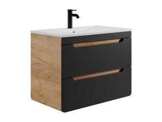 Vente-Unique Mueble de baño flotante con lavabo encastrado - 80 cm - Natural claro y antracita - ARUBA
