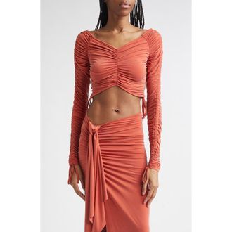 Balmain Crop Long Sleeve Ruched Jersey Top in 3Gm Dark Red at Nordstrom, Size X-Small