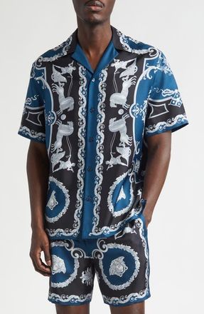 Versace La Coupe des Dieux Silk Camp Shirt in Black Petrol Blue at Nordstrom, Size 40 Us