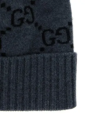 Gucci Mens Beanie Gg Jacquard Grey Cashmere Hat