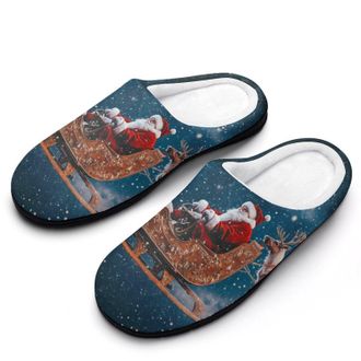 Generic Santa Reindeers Christmas Mens House Slippers Memory Foam Washable Cotton Slip on Home Shoes