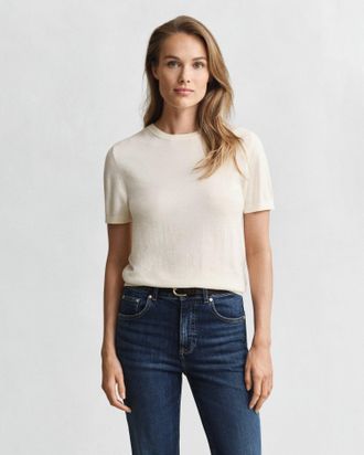 GANT Women Lightweight Knit Short Sleeve Crew Neck Sweater (XL) CREAM