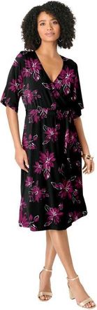 Roaman's Plus Size Short Sleeve Wrap Fit And Flare Dress in Black Graphic Flower at Nordstrom, Size 20