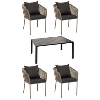 Hhg [nunca Usado] Set De Jard&iacute;n Hhg-616, Mesa+4xsillas, Aluminio Resistente A La Intemperie 140x80cm, Tejido De Cuerda Rope, Gris, Cojines Gris Oscuro