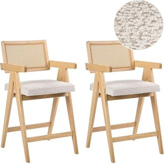 Beliani Set of 2 Bar Chairs Light Brown and Beige Rubberwood Frame Boucle Seat Retro Dining Room Kitchen AVA
