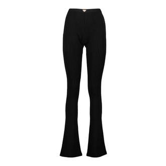 Prada Broeken, Dames, Zwart, 2Xs, Leer, Geribbelde Legging met Emaille Driehoek Logo
