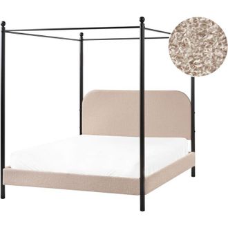 Beliani Cama Con Dosel De Metal Negro Retro Minimalista Somier De Listones Madera De &Aacute;lamo Tapicer&iacute;a De Boucl&eacute; Gris Pardo 140 X 200 Cm Dannemois