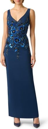 Adrianna Papell Beaded Crepe Column Gown in Light Navy at Nordstrom, Size 14