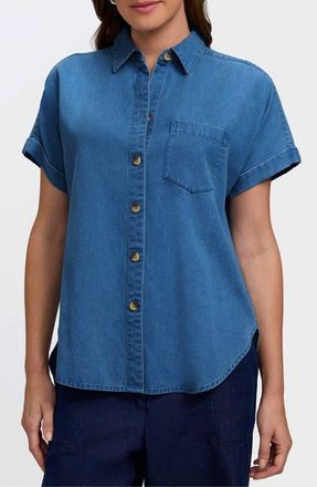 Foxcroft Abigail Short Sleeve Denim Button-Up Shirt in Medium Wash Blue at Nordstrom, Size Small