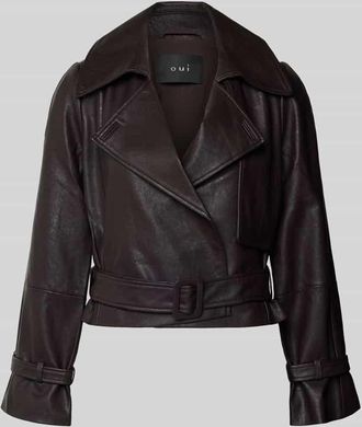 Oui Jacke in Leder-Optik mit Reverskragen und Gürtel in Dunkelbraun, Größe 36
