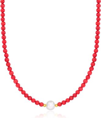 Ross-Simons 8.5-9.5mm Cultured Pearl and 4-4.5mm Red Coral Bead Necklace With 18kt Gold Over Sterling
