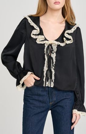 Wayf Lacy Long Sleeve Tie Front Top in Black at Nordstrom, Size X-Large