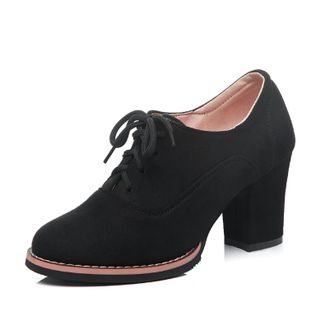 Generic Womens Suede Oxfords Round Toe Lace-Up Block Heels Contrast Sole Adjustable Laces Smooth Upper Padded Insole Comfortable Durable Shoes,Black,7.5 UK