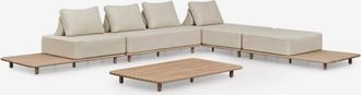 Sklum Conjunto De Sal&oacute;n Con Sof&aacute; Modular Chaise Longue De 4 Piezas Con Mesa Auxiliar Y Mesa De Centro 160x95 Cm En Acacia Portet Sklum