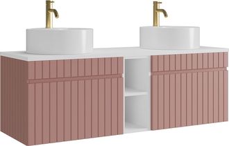 Vente-Unique Mueble de ba&ntilde;o suspendido estriado con huecos y doble lavabo sobre encimera redondo y grifo - Rosa - An. 140 cm - SATARA