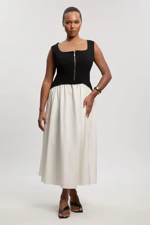 Karen Millen Womens Plus Size Compact Stretch Cotton Mix Tailored Full Skirted Midi Dress - Monochrome Multi - Size 18 UK