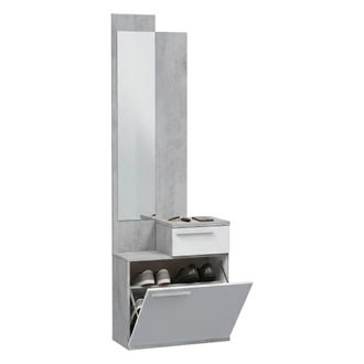 Dmora Mueble Recibidor Dner, Zapatero Multifunci&oacute;n Con Espejo, Armario Con 1 Puerta Y 1 Caj&oacute;n, 61x28h185 Cm, Cemento Y Blanco Brillo - Dmora