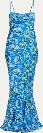 Saloni Renee Long Floral Silk Spaghetti-Strap Dress