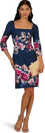 Adrianna Papell Border Floral Midi Dress Womens Dress Navy/Pink : 16, Elastane/Polyester