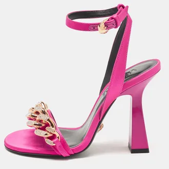Versace Pink Satin Medusa Chain Ankle Strap Sandals