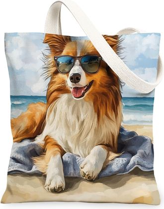 Generic Summer Yorkie Dog Canvas Tote Bag for Shopping 13x15, Watercolor Beach Coastal Puppy Reusable Grocery Print Bag for Women, Beachy Pet Beach Aesthetic 