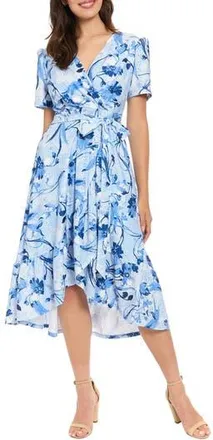 London Times Floral Eyelet Faux Wrap Midi Dress in Light Blue/Blue at Nordstrom Rack, Size 10