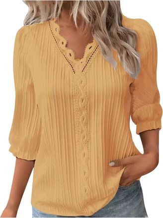 Generic Summer Tops for Women UK Elegant V-Neck Lace Splicing Hollow Bubble Short Sleeve Solid Color Plus Size Blouses Shirt Ladies Soft Comfy Classic-Fit Dre