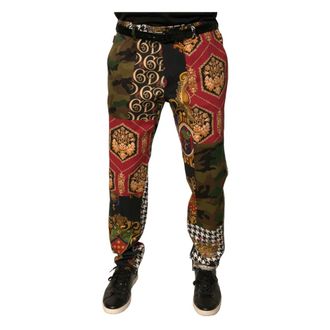 Dolce & Gabbana Slim-fit Trousers, male, Multicolor, 2XL, Multicolor Patchwork Dress Trousers with Logo