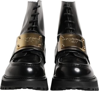 Dolce & Gabbana Black Leather DG Plaque Lace Up Boots Mens Shoes