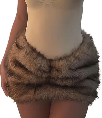 Generic Womens Faux Fur Mini Skirt Y2k Low Rise Ruched Fuzzy Micro Skirt Rave Party Clubwear