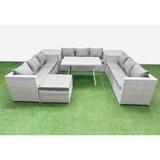 Fimous Fimous 10 Seat Outdoor Patio PE Rattan Garden Furniture with Cushions 3 Seater Sofa 2 Side Tables Big Stool Light Grey