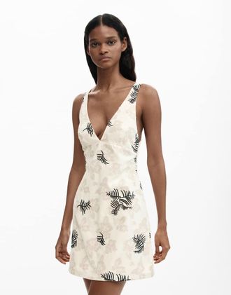 Desigual Vestito bianco con spalline ricamate e rami-Neutro
