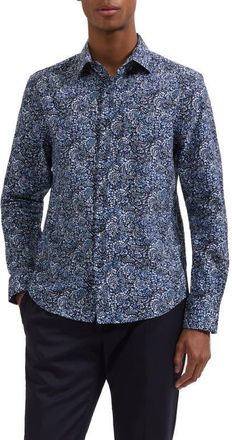Bugatchi Julian Shaped Fit Abstract Paisley Print Cotton Button-Up Shirt in Navy at Nordstrom, Size Xxx-Large