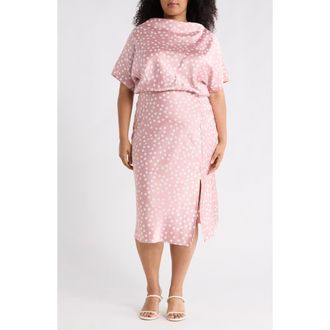 Renee C Polka Dot Short Sleeve Satin Midi Dress in Pink at Nordstrom Rack, Size 2X