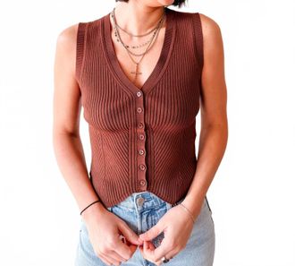 Current Air Coffeehouse Ribbed Button Tank Top In Brown