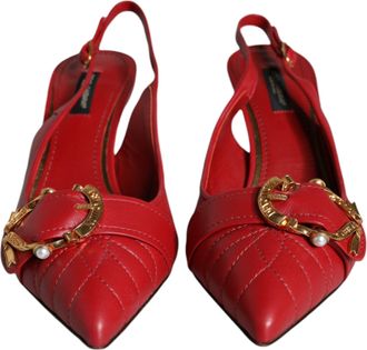 Dolce & Gabbana Red Devotion Leather Heels Slingback Womens Shoes