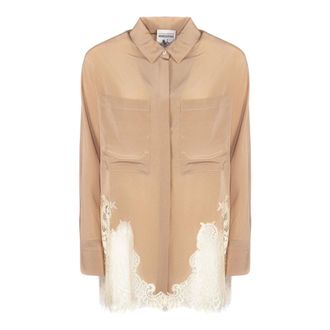 Semicouture Shirts, female, Beige, Size: 2XL Patch-Pocket Lace-Panel Shirt