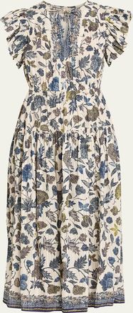 Ulla Johnson Kairi Printed Flutter-Sleeve Midi Dress