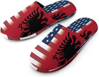 Generic U.S.A & Albania Flag Mens Flannel Slipper Soft Non Slip House Shoes Comfy Winter Warm Indoor Outdoor Slippers