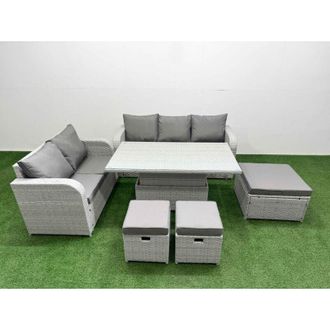 Fimous 8 Seater pe Rattan Wicker Garden Furniture Patio Conservatory Sofa Set with Adjustable Lifting Dining or Coffee Table 3 Seater Sofa Love Sofa 3 Stool