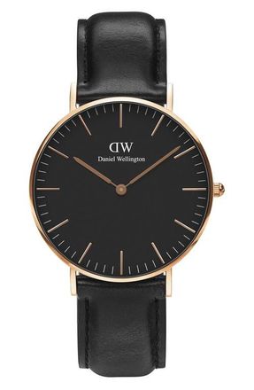 Daniel Wellington Classic Sheffield Leather Strap Watch, 36mm in Black /Rose Gold at Nordstrom