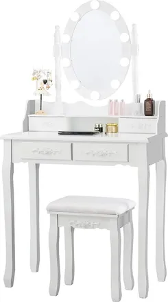 Costway Costway - Set Mesa Tocador Taburete Con 10 Luces Led, Mesa De Maquillaje Con Espejo Ovalado Iluminado E Interruptor T&aacute;ctil, Iluminosidad Regulable (bl