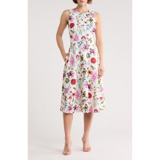 Eliza J Floral Sleeveless Fit & Flare Midi Dress in Ivory Multi at Nordstrom Rack, Size 16